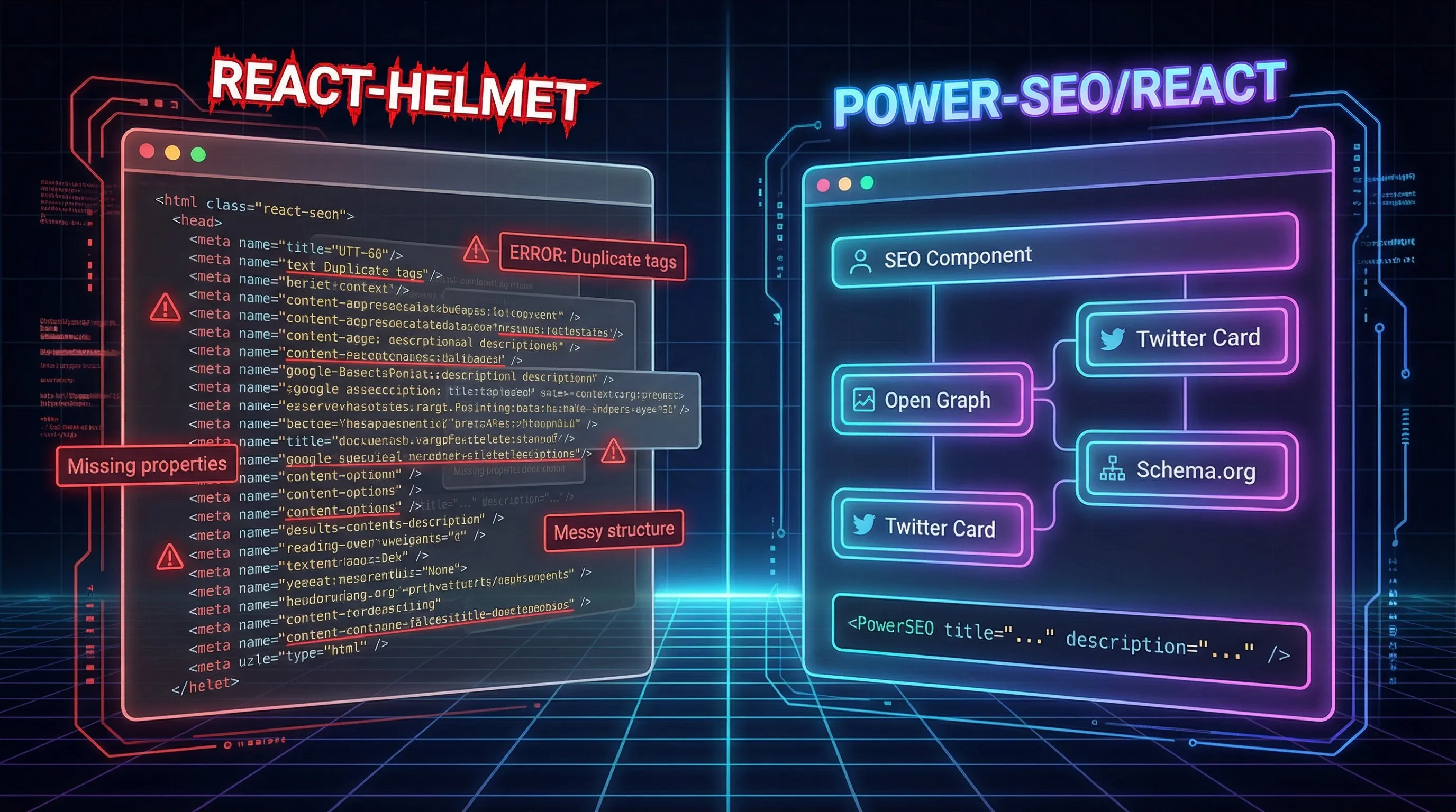 React Helmet messy meta tags vs Power SEO React clean SEO component with Open Graph and schema