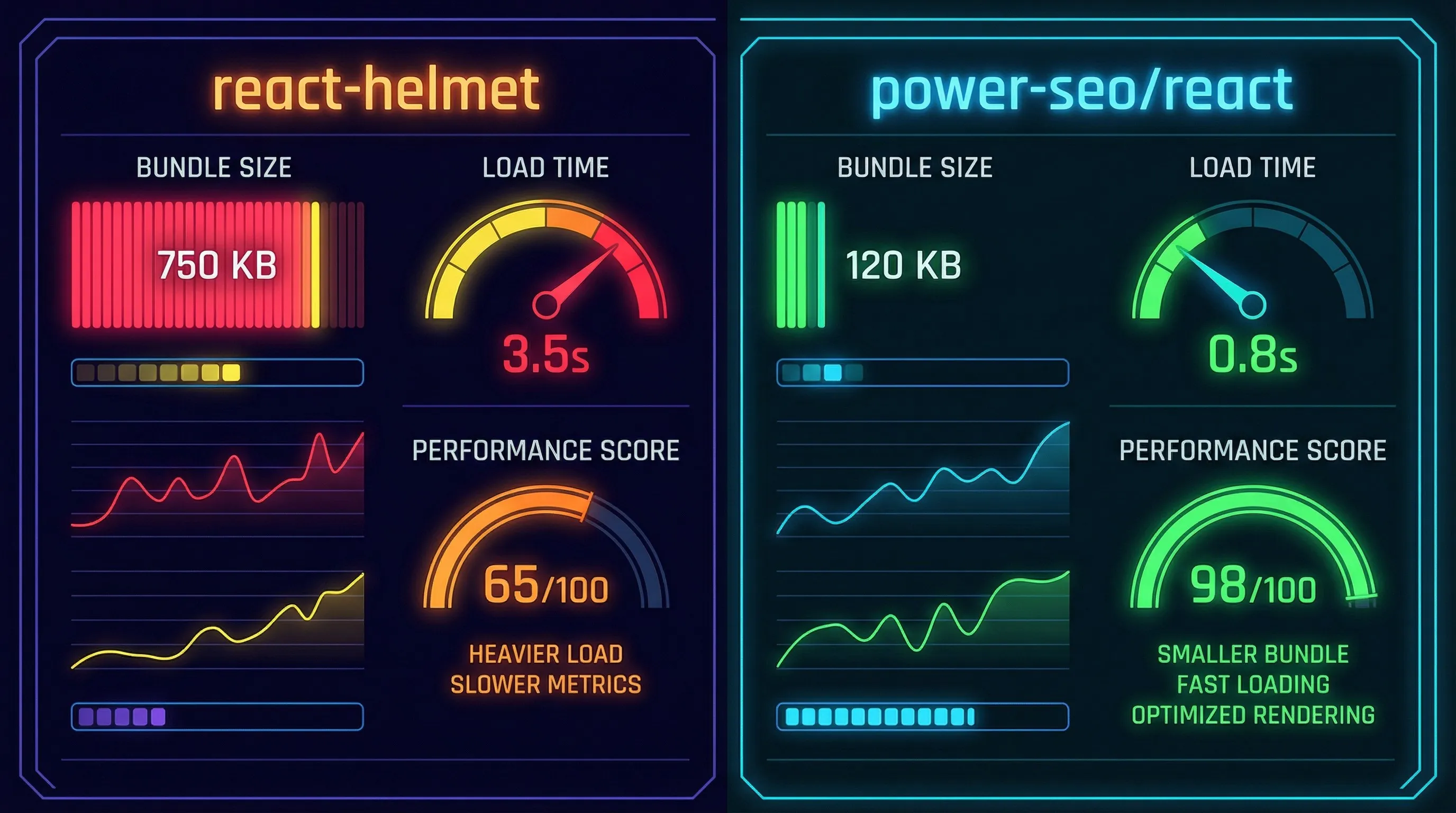 React Helmet and Power SEO React performance comparison with bundle size, load time, and score