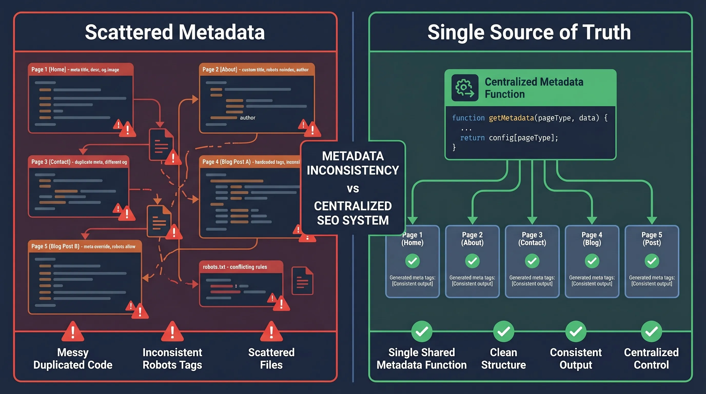 Scattered metadata vs centralized SEO system showing consistency and scalability in Next.js projects.