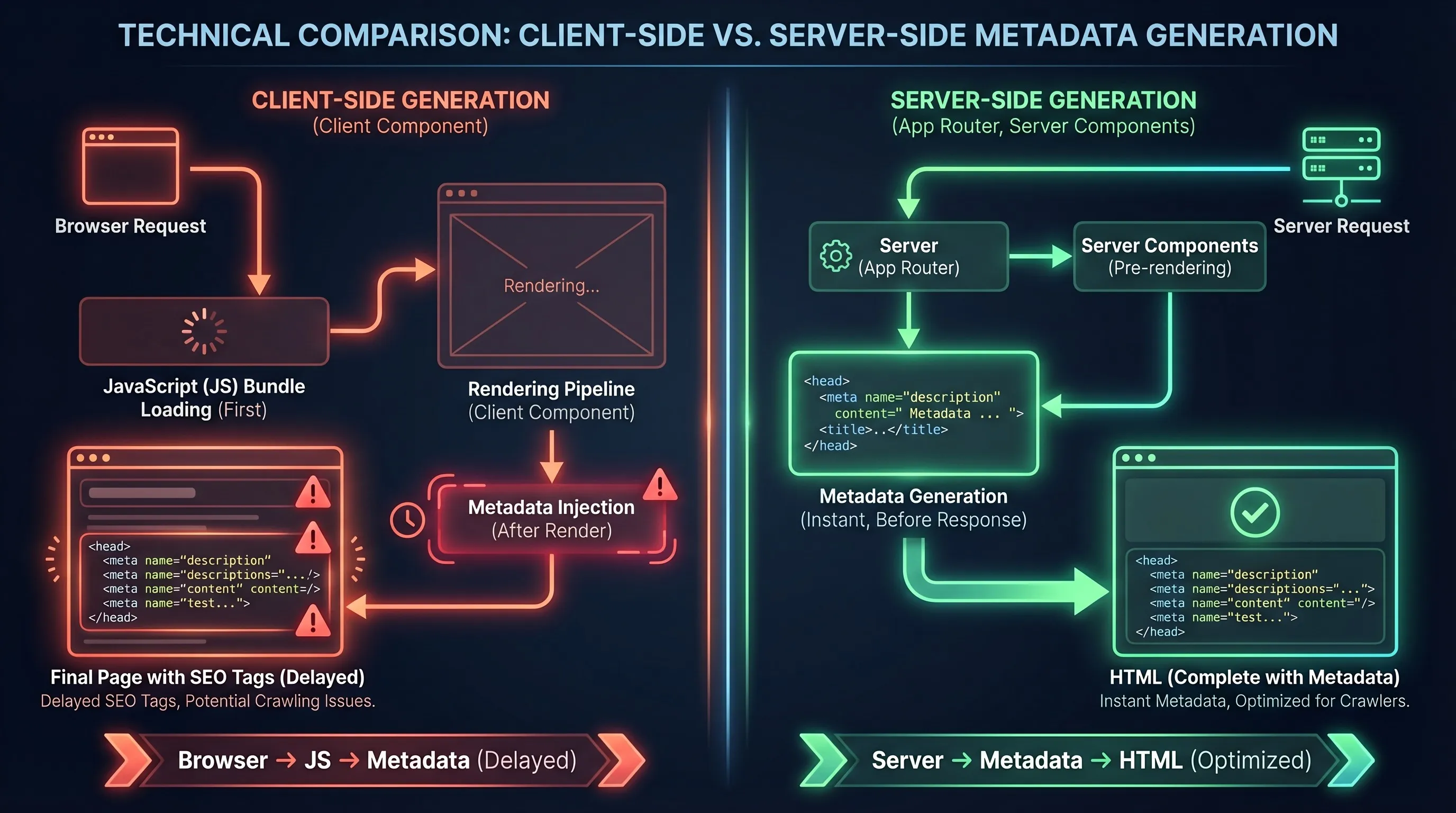 Client-side vs server-side metadata generation in Next.js App Router showing SEO impact differences.