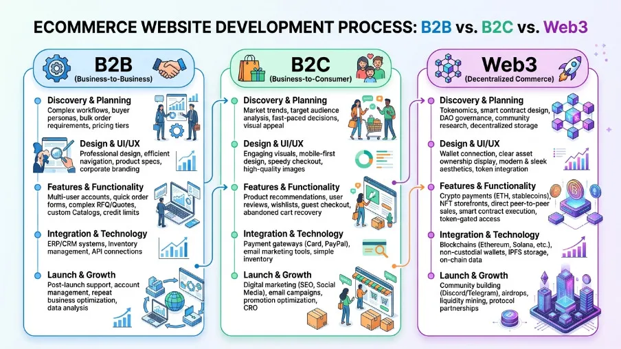 Ecommerce Website Development Process Across B2B, B2C, and Web3 Store Types