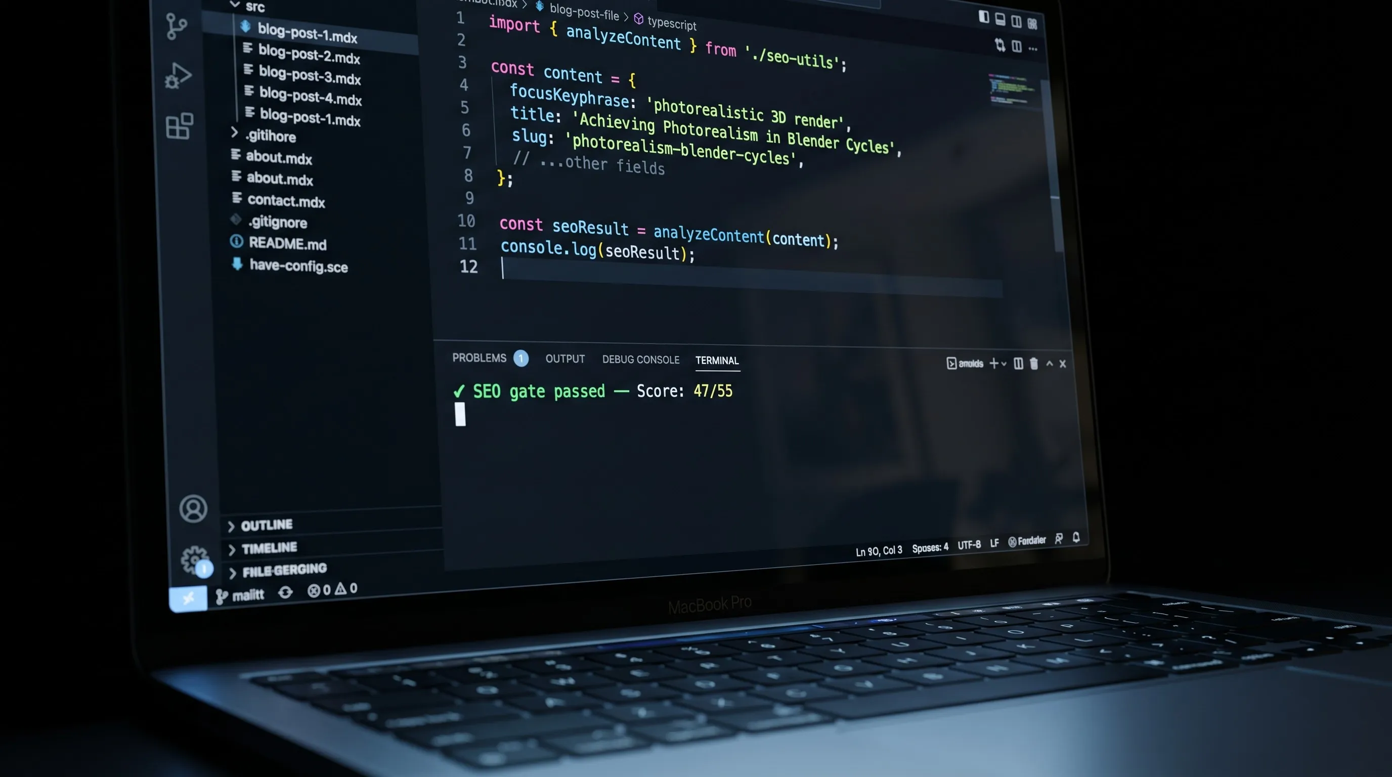 VS Code showing analyzeContent TypeScript function with SEO gate passed Score 47 out of 55 in terminal