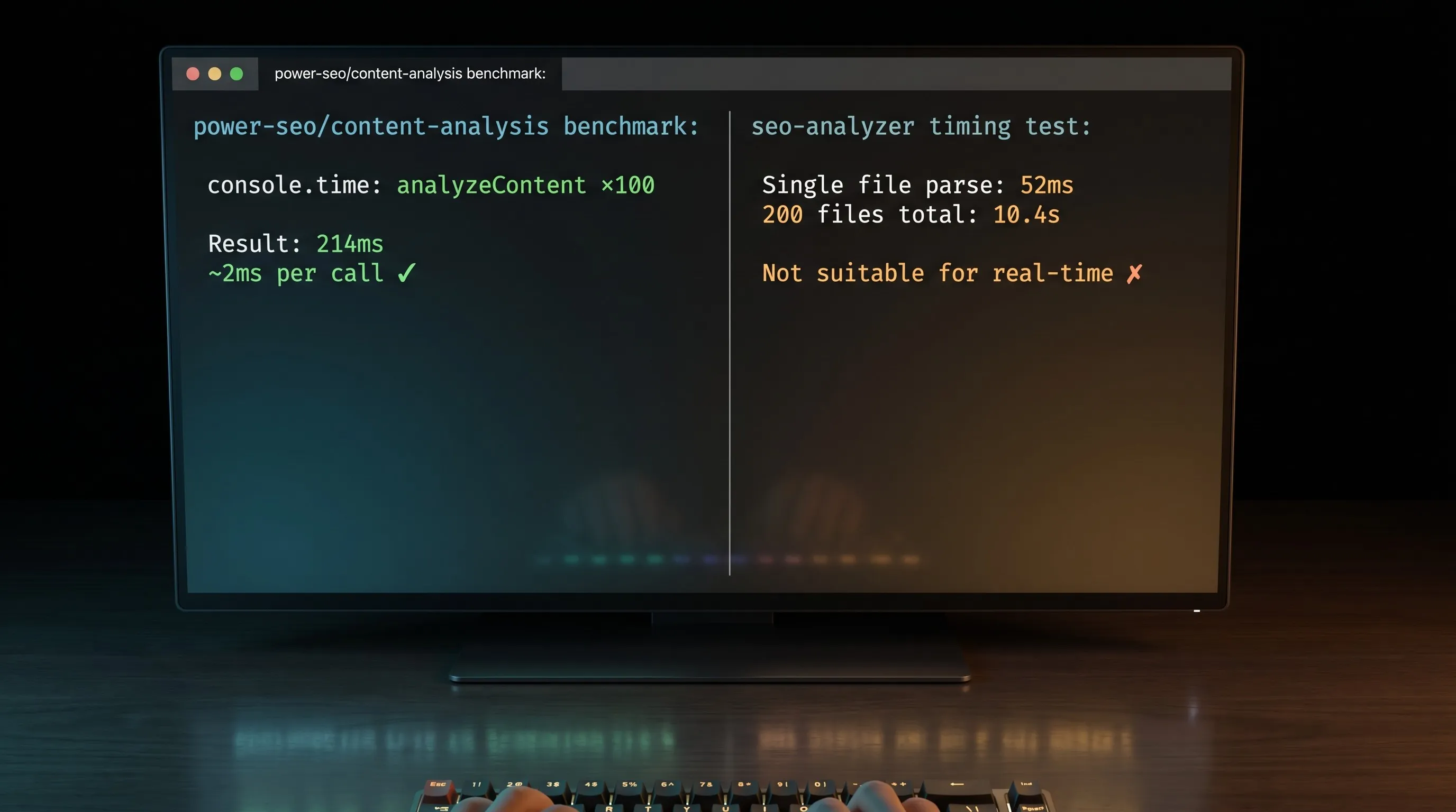 Terminal benchmark comparing analyzeContent at 2ms vs seo-analyzer at 52ms per file parse