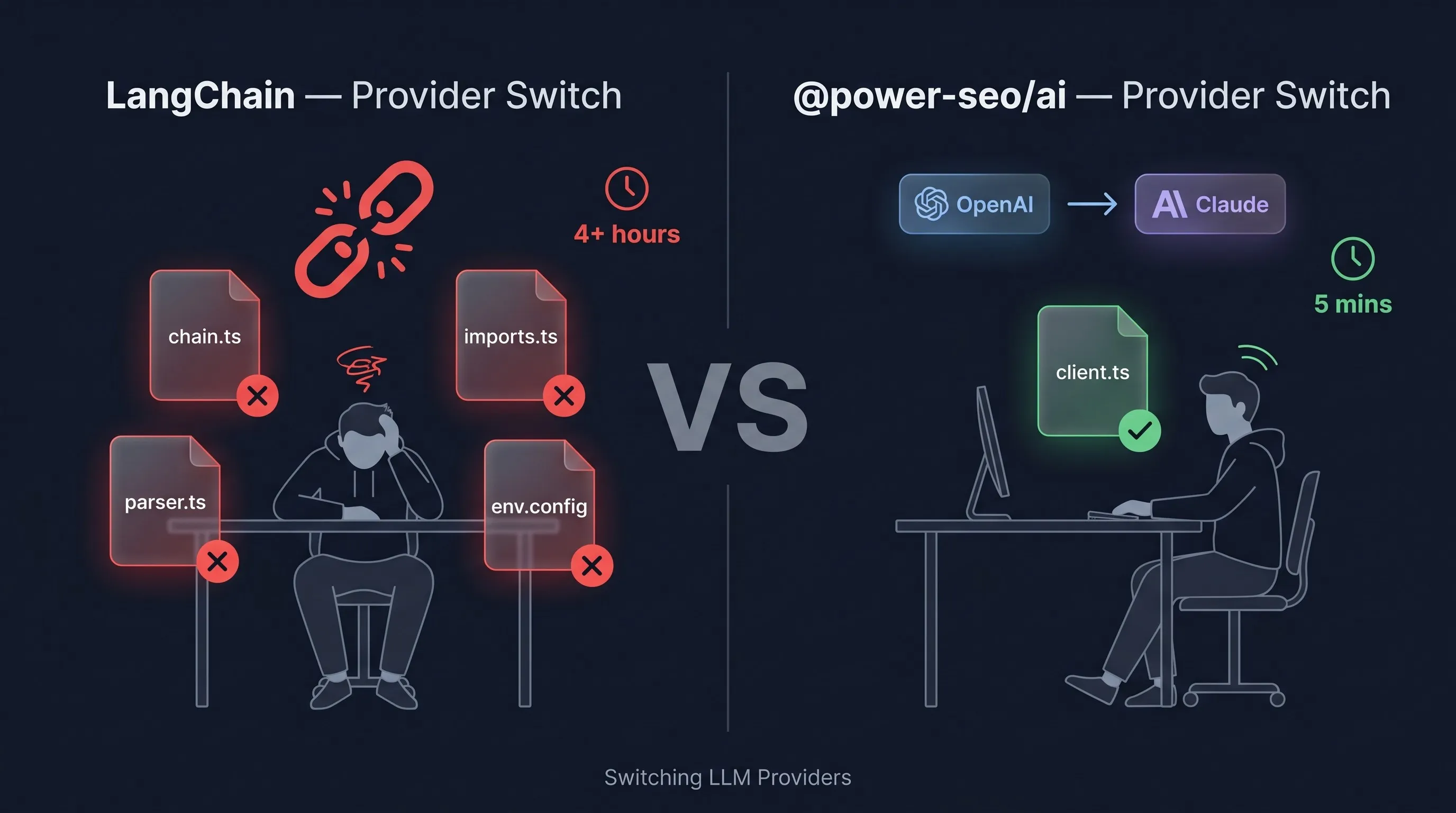 LangChain vs Power SEO AI Switch LLM providers in 5 mins vs 4+ hours