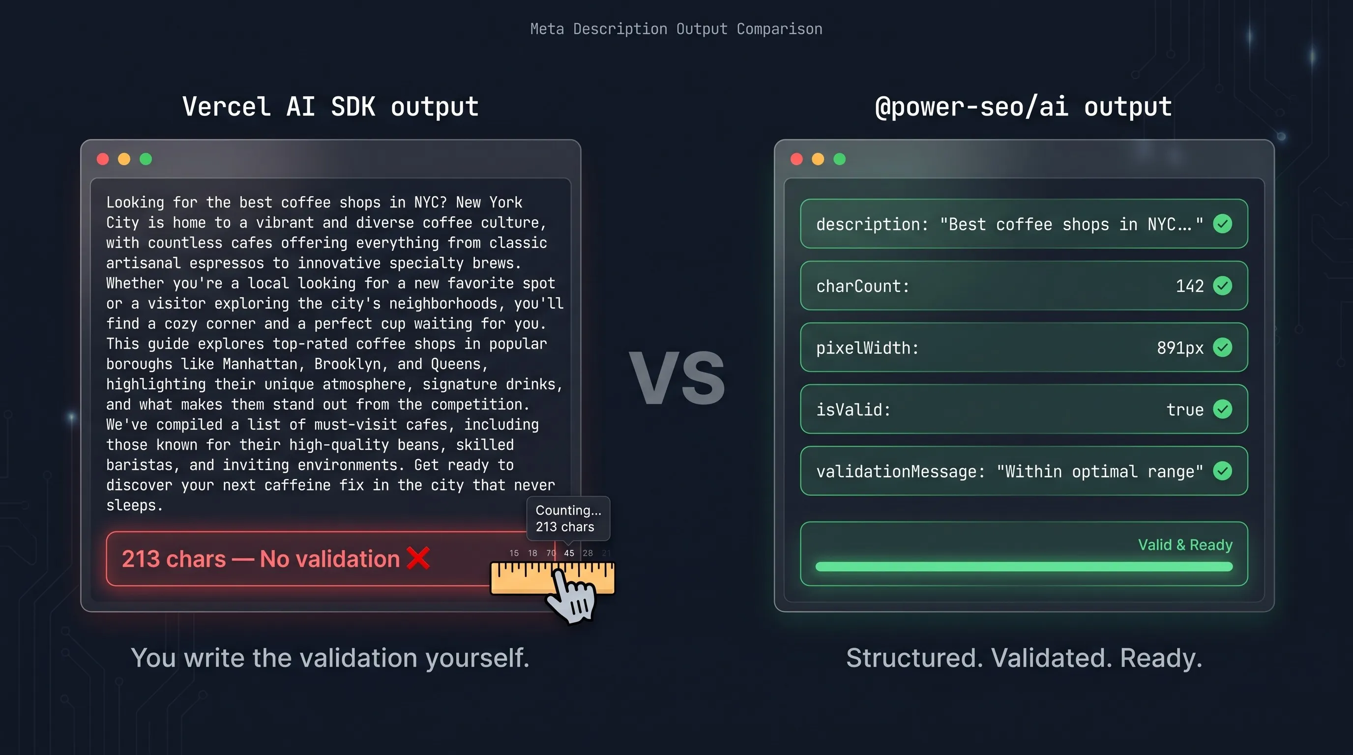Vercel AI SDK vs Power SEO AI meta description output unvalidated 213 chars vs structured, validated & ready