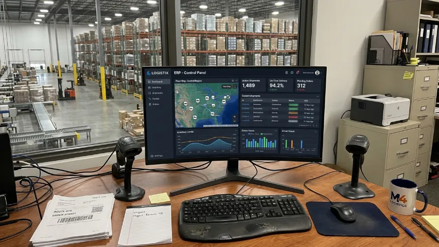 ERP for logistics and supply chain business dashboard showing the six must-have modules for warehouse, fleet, and freight teams