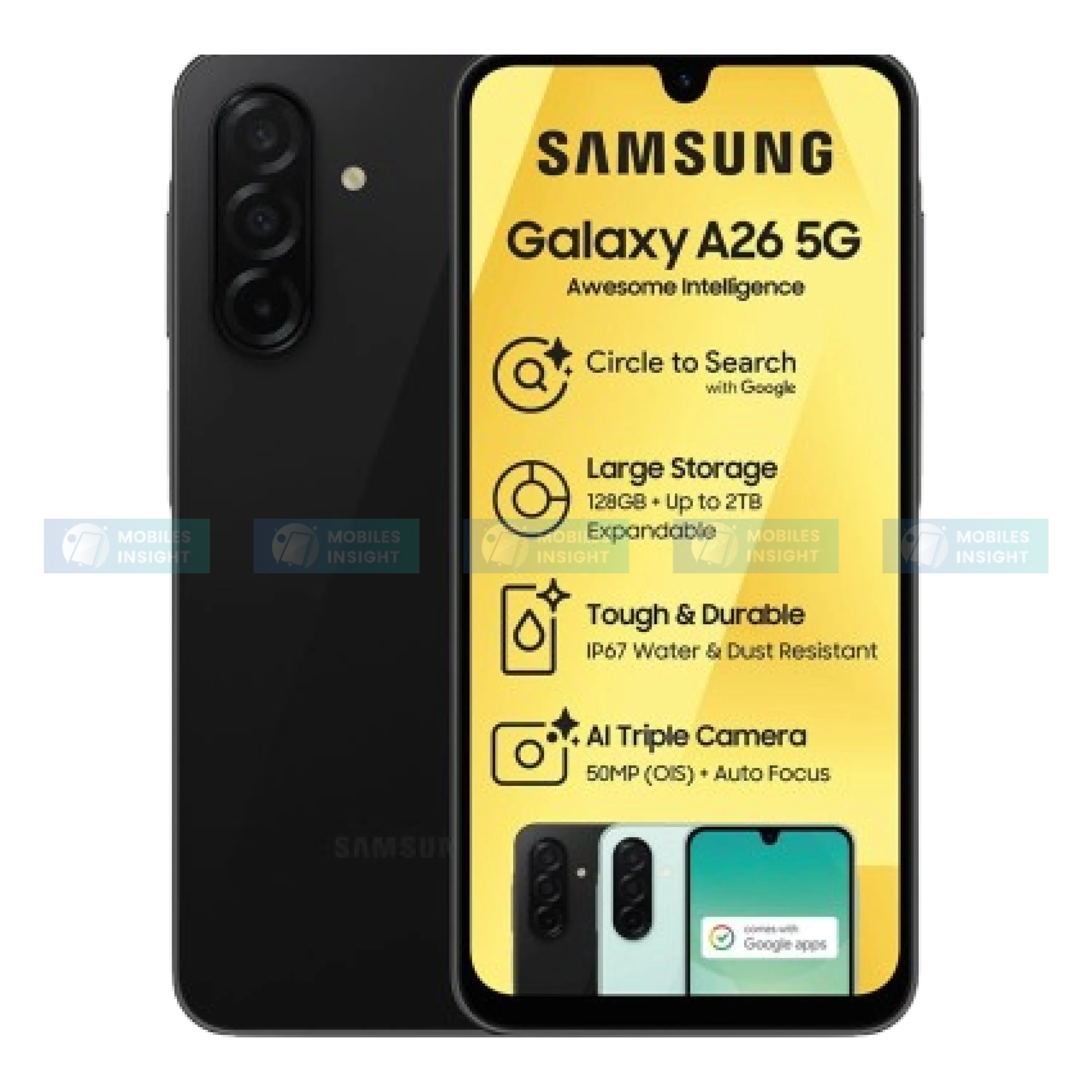 Samsung Galaxy A26 smartphone displayed with key features